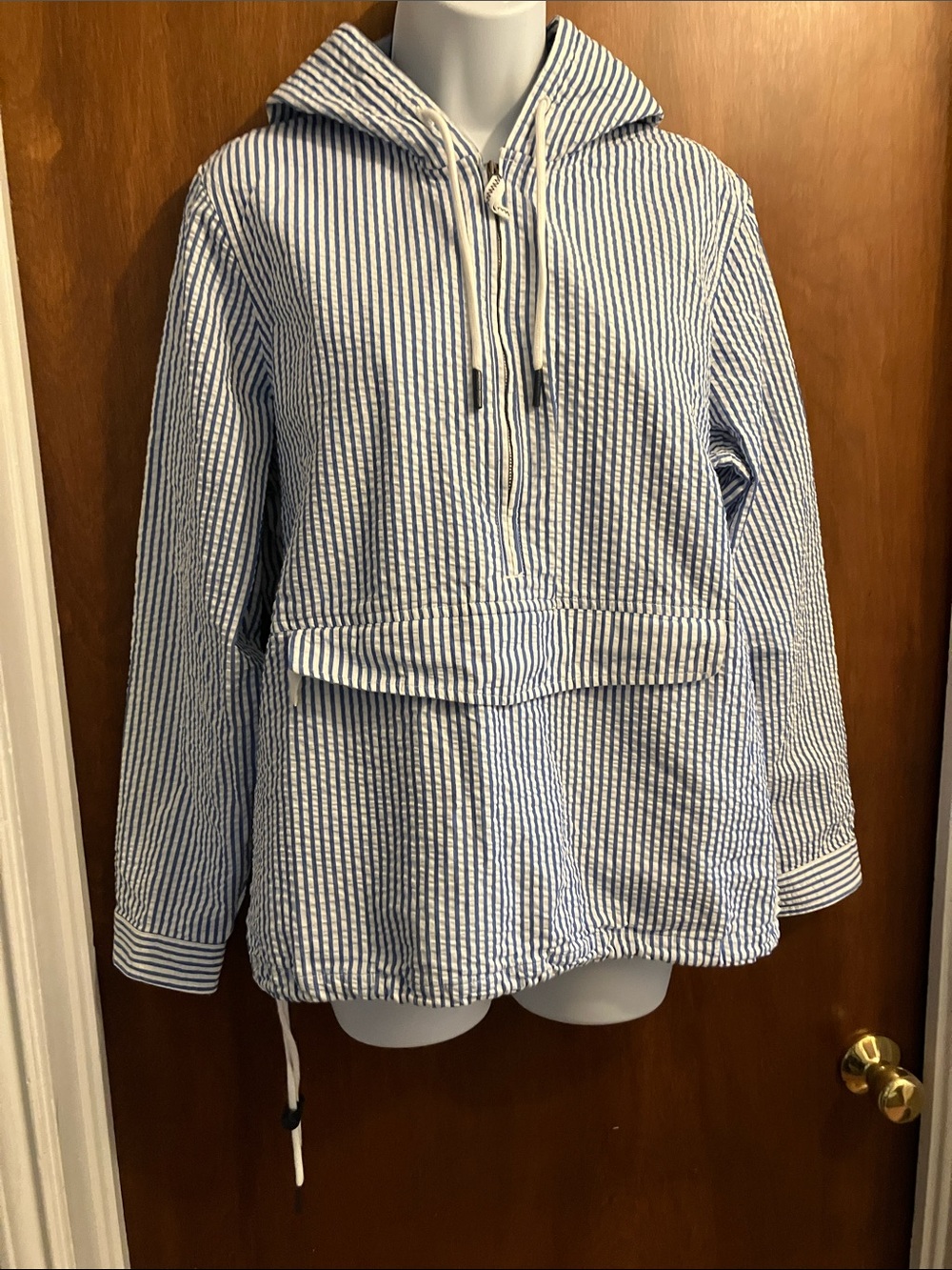 L.L. Bean Blue and White Striped Hooded Pullover